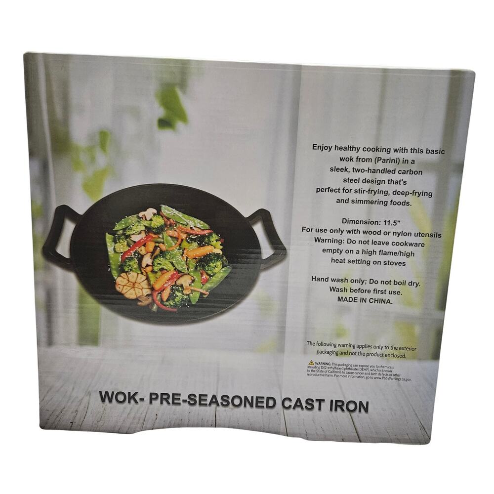 NIB Wok Parini Cookwear 11.5" Pre-Seasoned Cast Iron Wok Cooking Pan Skillet